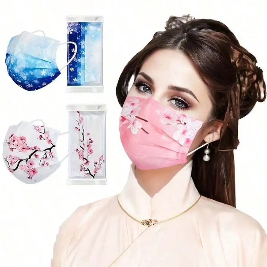 10pcs Floral Sakura Print 3-Pl – обзор и цена Disposable Mask Blue